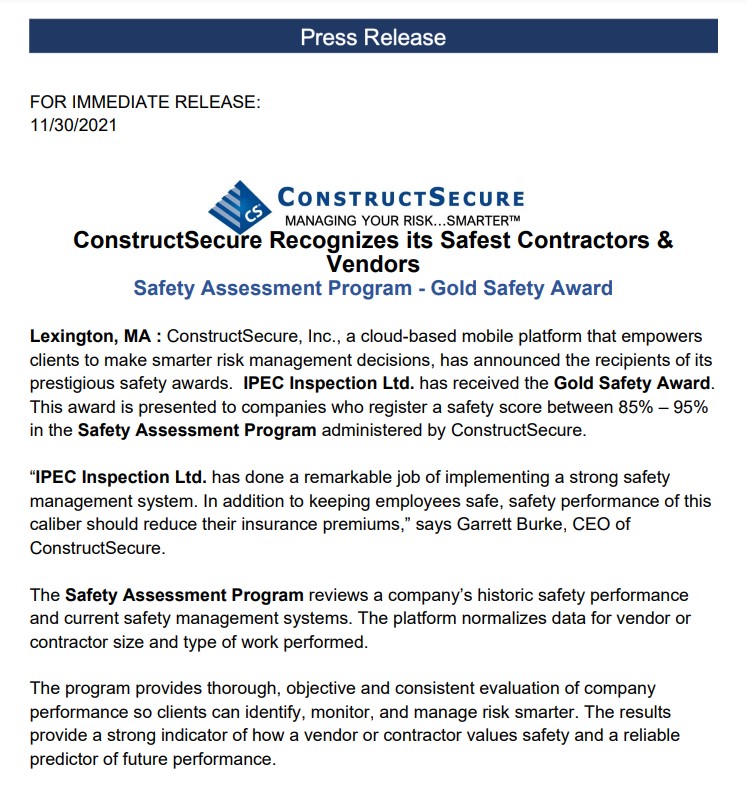 News  Gold Safety Award 2021 IPEC Inspection Engineers